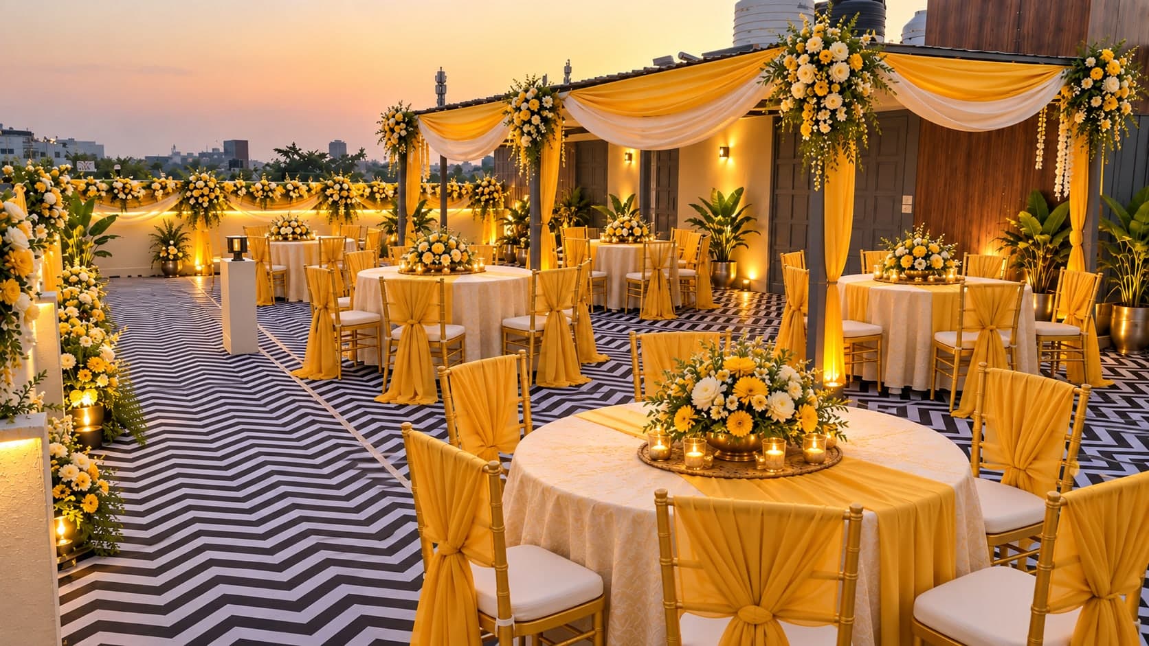 The rooftop terrace at Aakriti Hotels at sunset, Sector 23 Gurugram