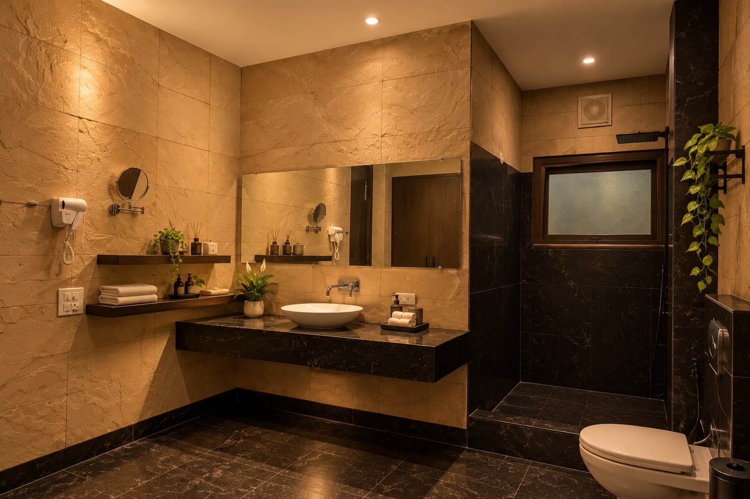 Bathroom vanity in a room at Aakriti Hotels