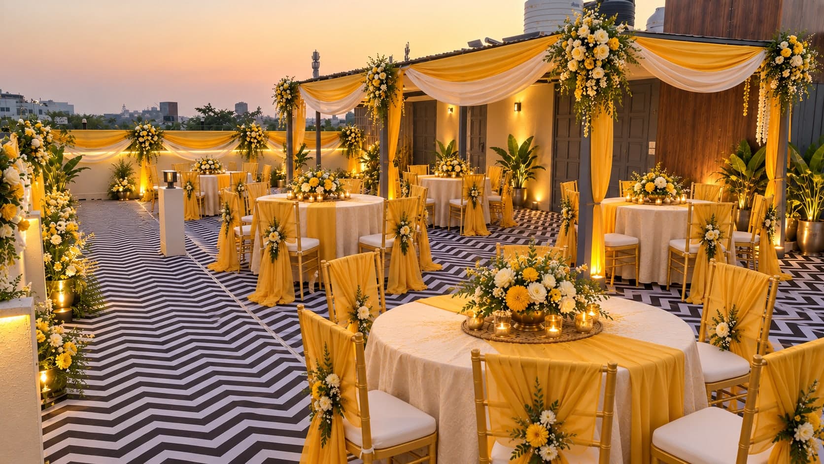 Haldi ceremony seating on the rooftop at Aakriti Hotels