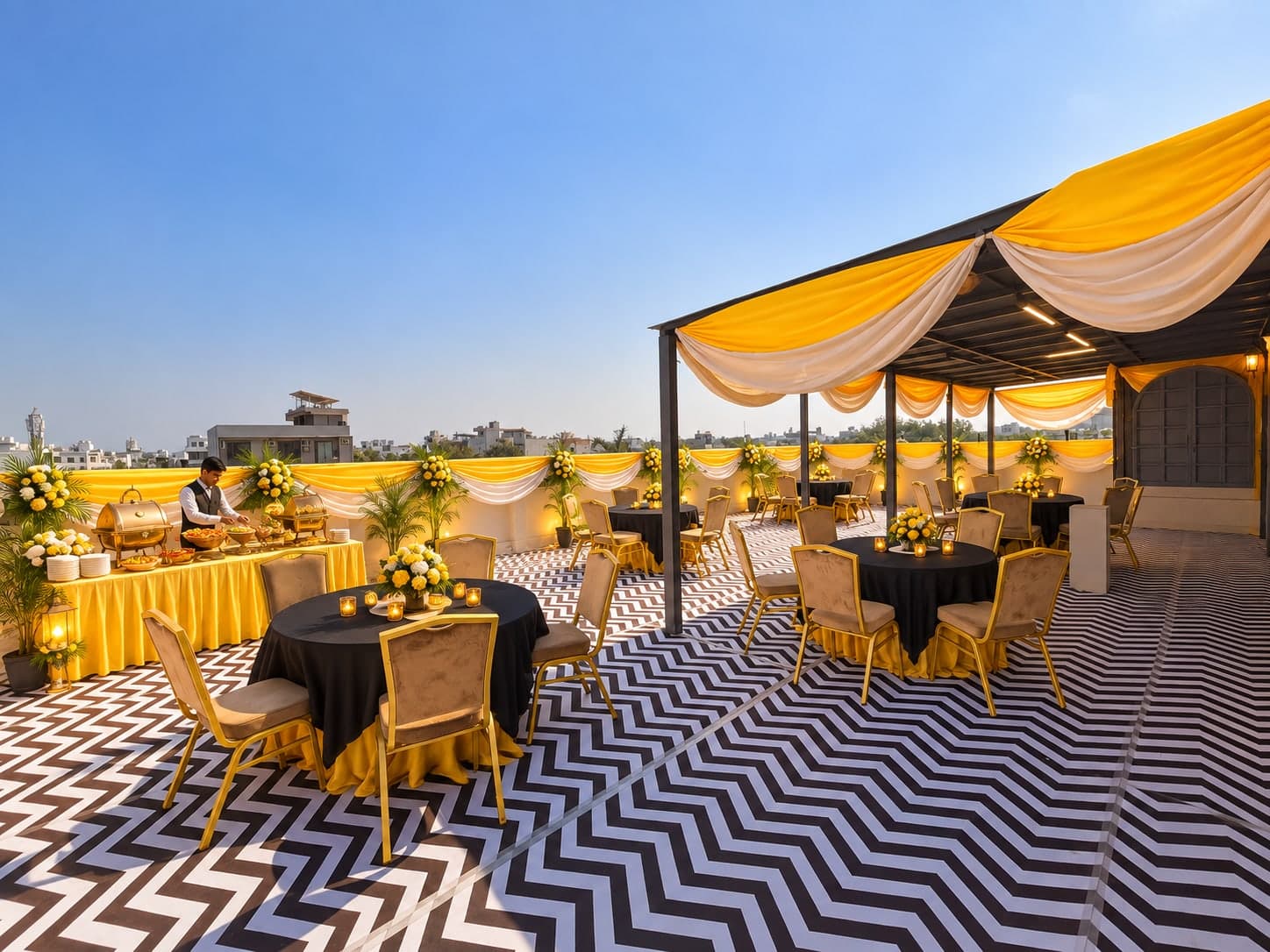 Rooftop buffet setup at Aakriti Hotels