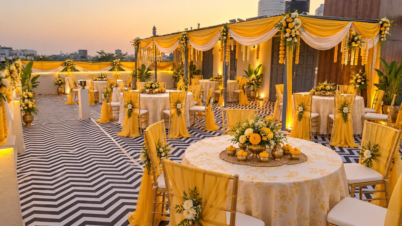 The rooftop set for a haldi ceremony at Aakriti Hotels, Gurugram