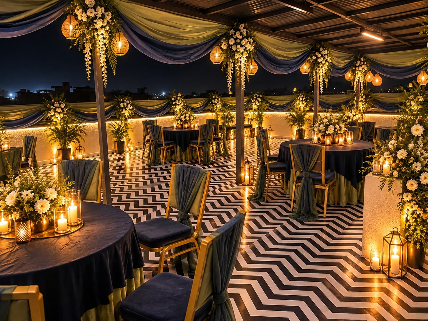 The rooftop at Aakriti Hotels set for an evening party