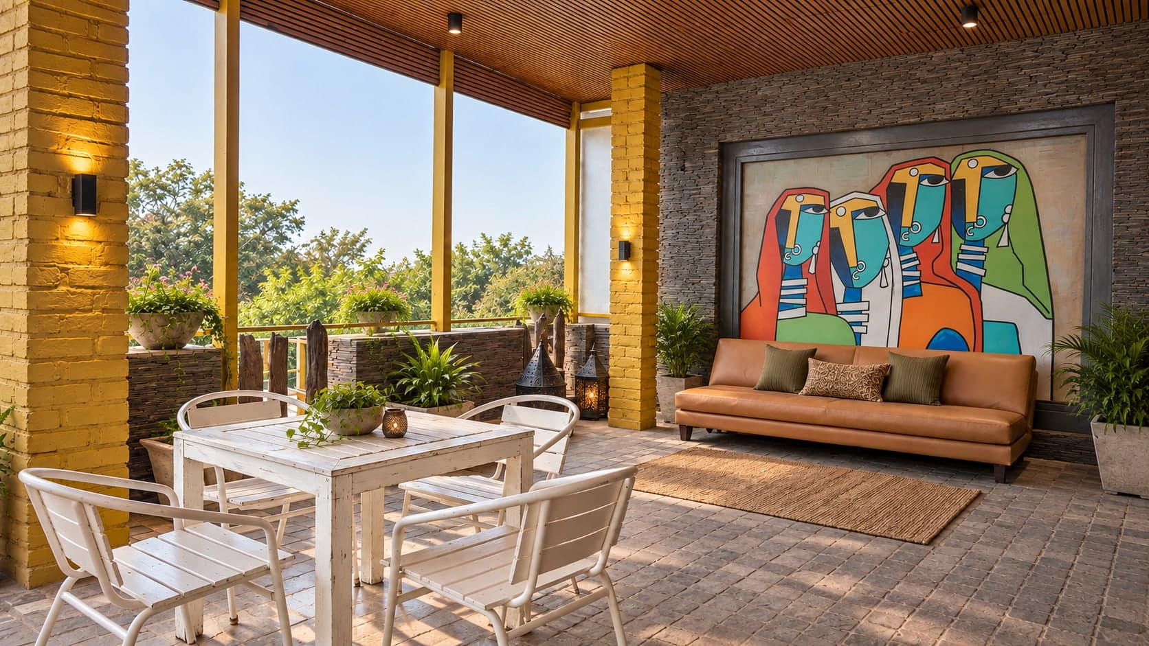 Terrace seating beside the painted art wall at Aakriti Hotels