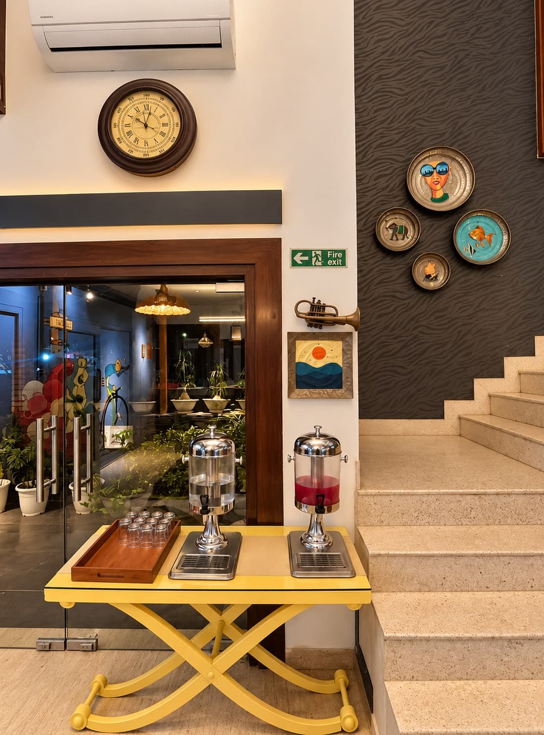 The welcome drinks station in the lobby at Aakriti Hotels